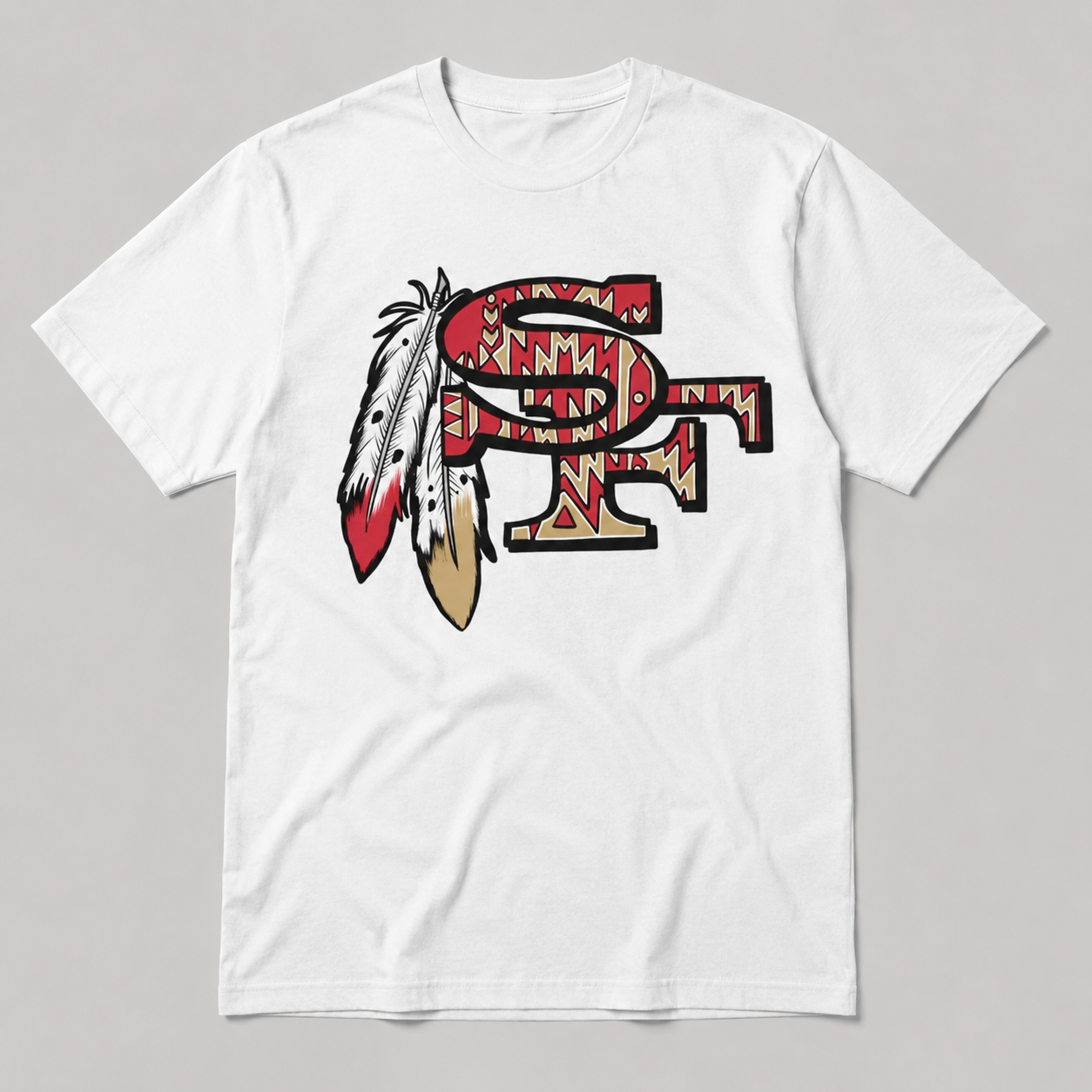 San Francisco football SF feather logo red and gold graphic on white shirt