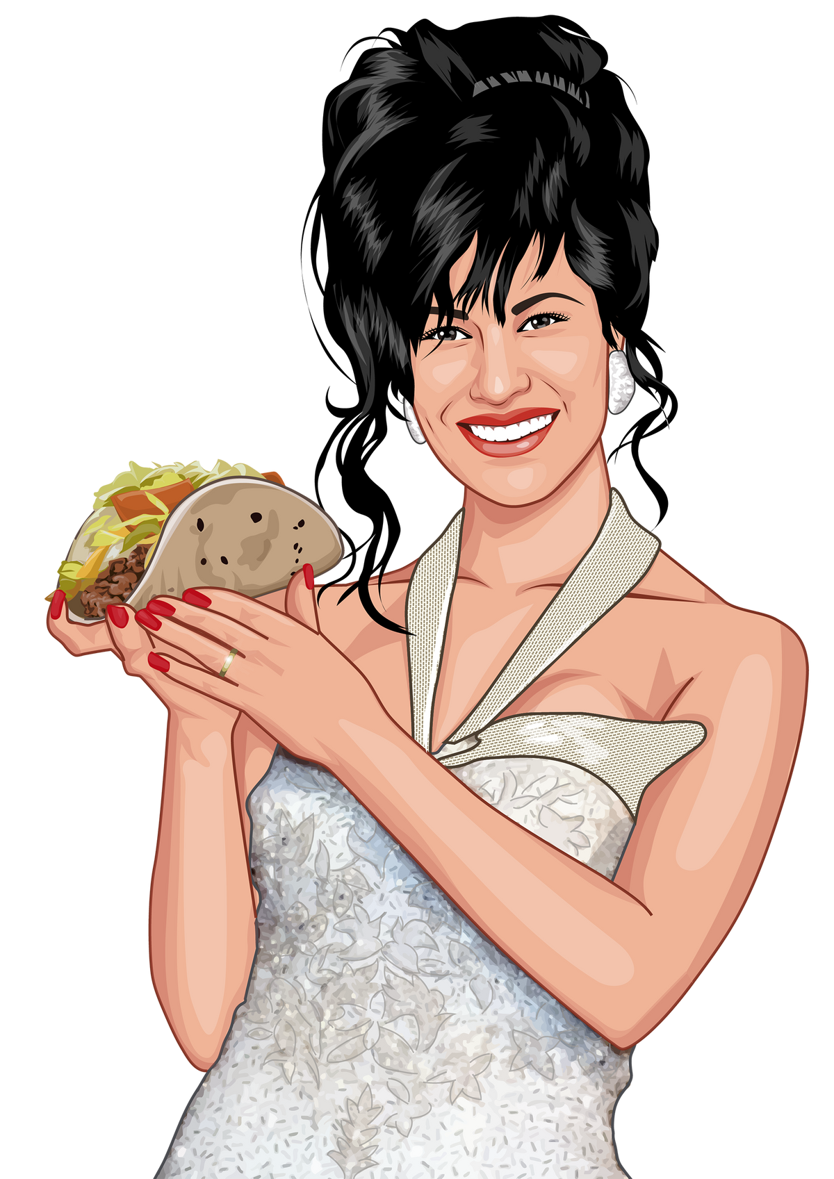 Selena Holding a Taco Sticker – Funny Tejano Queen Art – Grammy Pose Parody Sticker