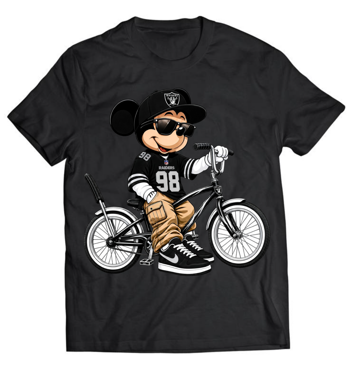 Black T-shirt mockup with silver and black cartoon mouse riding a lowrider bicycle