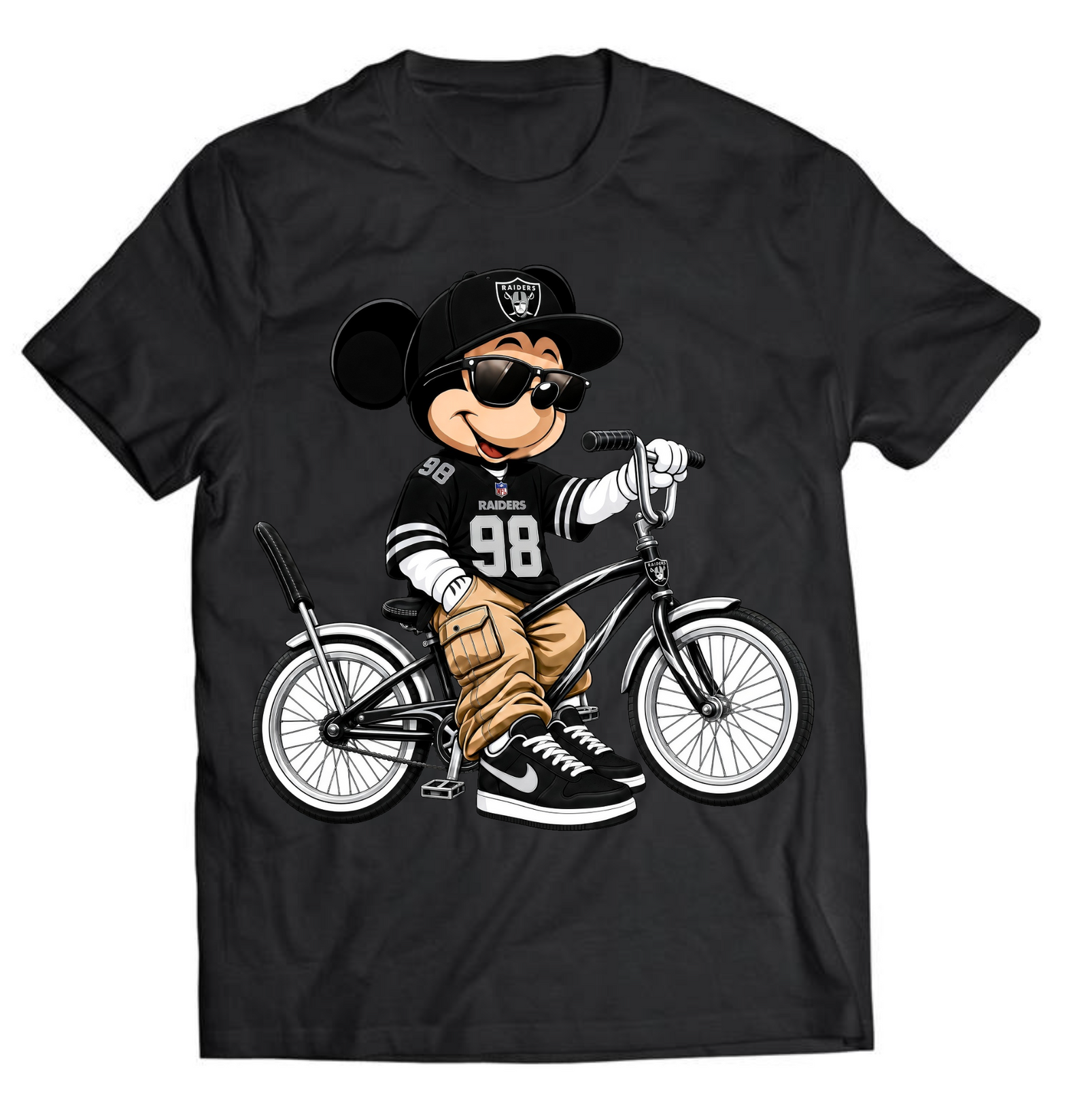 Black T-shirt mockup with silver and black cartoon mouse riding a lowrider bicycle