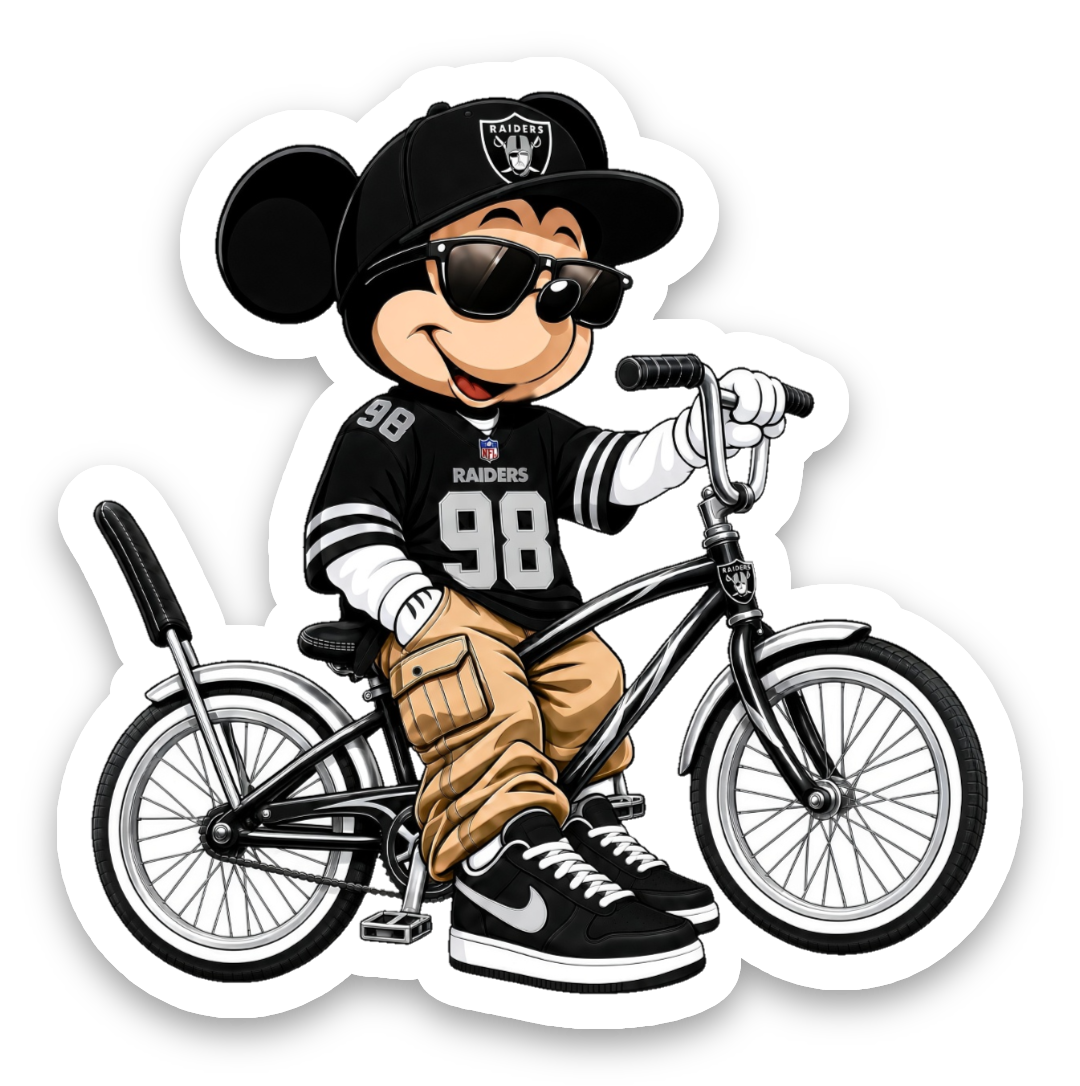 Silver and black cartoon mouse riding a lowrider bicycle matte vinyl sticker
