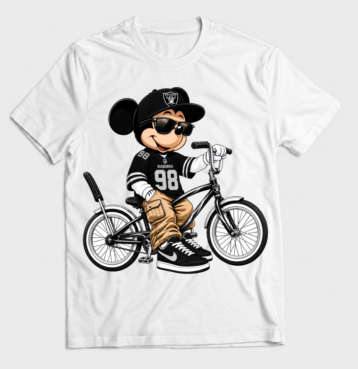 White T-shirt mockup with silver and black cartoon mouse riding a lowrider bicycle