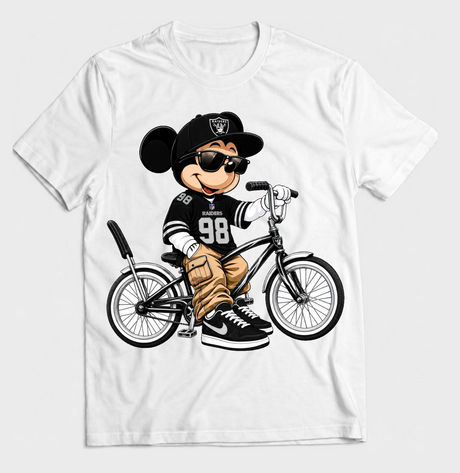 White T-shirt mockup with silver and black cartoon mouse riding a lowrider bicycle