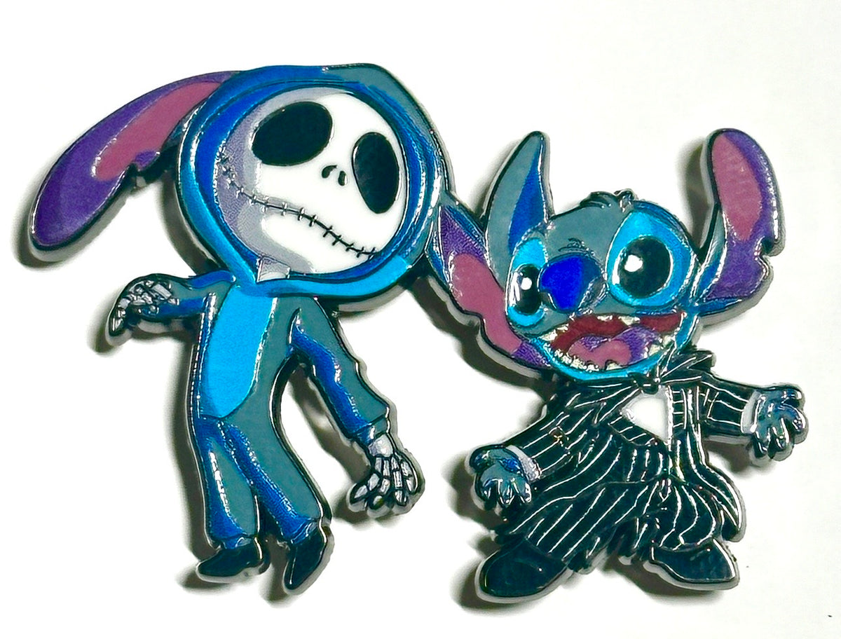 Blue alien and skeleton pinstripe suit spooky enamel pin
