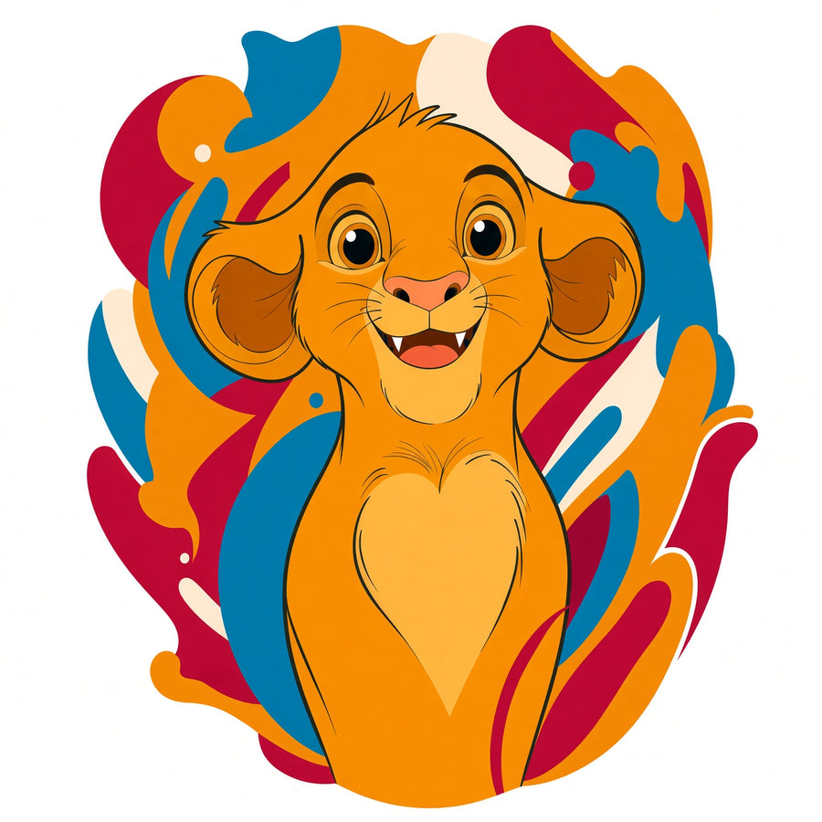 Smiling golden lion cub framed by orange blue and magenta abstract shapes matte vinyl sticker