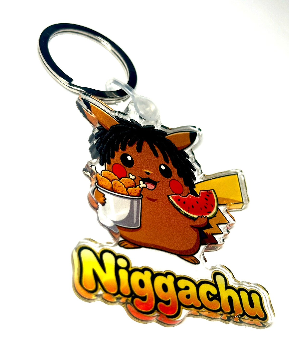 Snack-themed brown electric creature acrylic keychain with fried chicken bucket, watermelon slice, and bold yellow word art, angled product photo