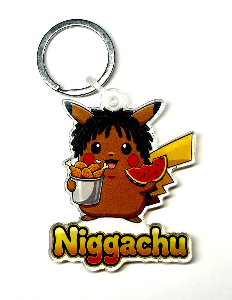 Snack-themed brown electric creature acrylic keychain with fried chicken bucket, watermelon slice, and bold yellow word art, front product photo