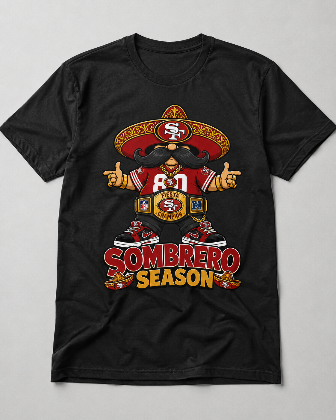 Sombrero Season red and gold Bay Area football graphic on black shirt