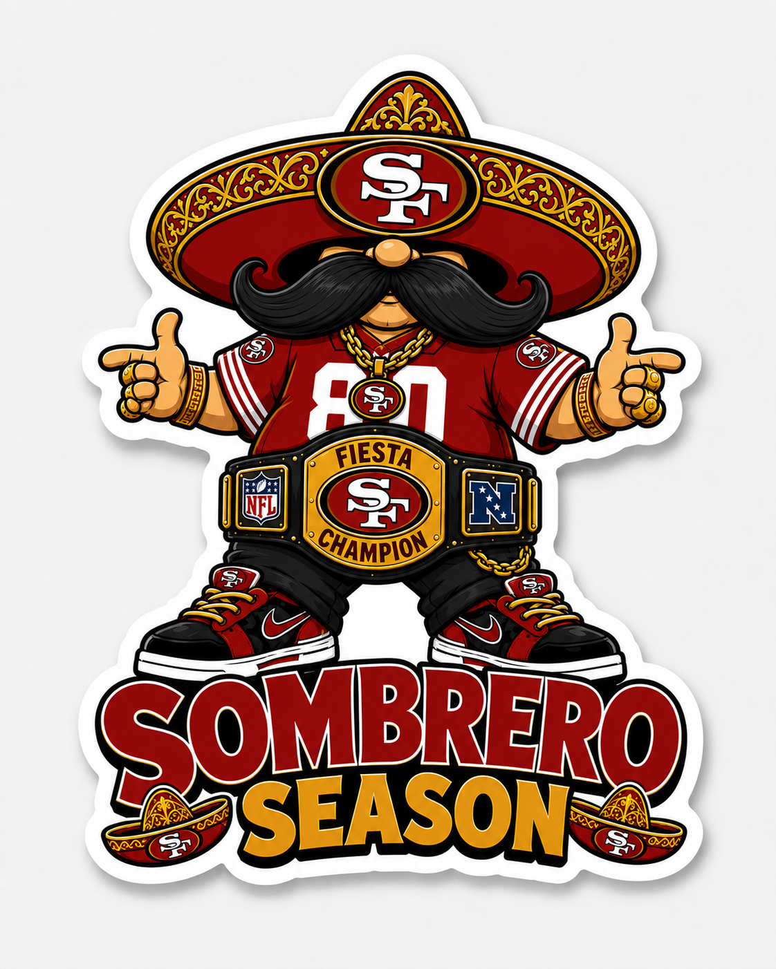 Sombrero Season red and gold Bay Area football fan character vinyl sticker