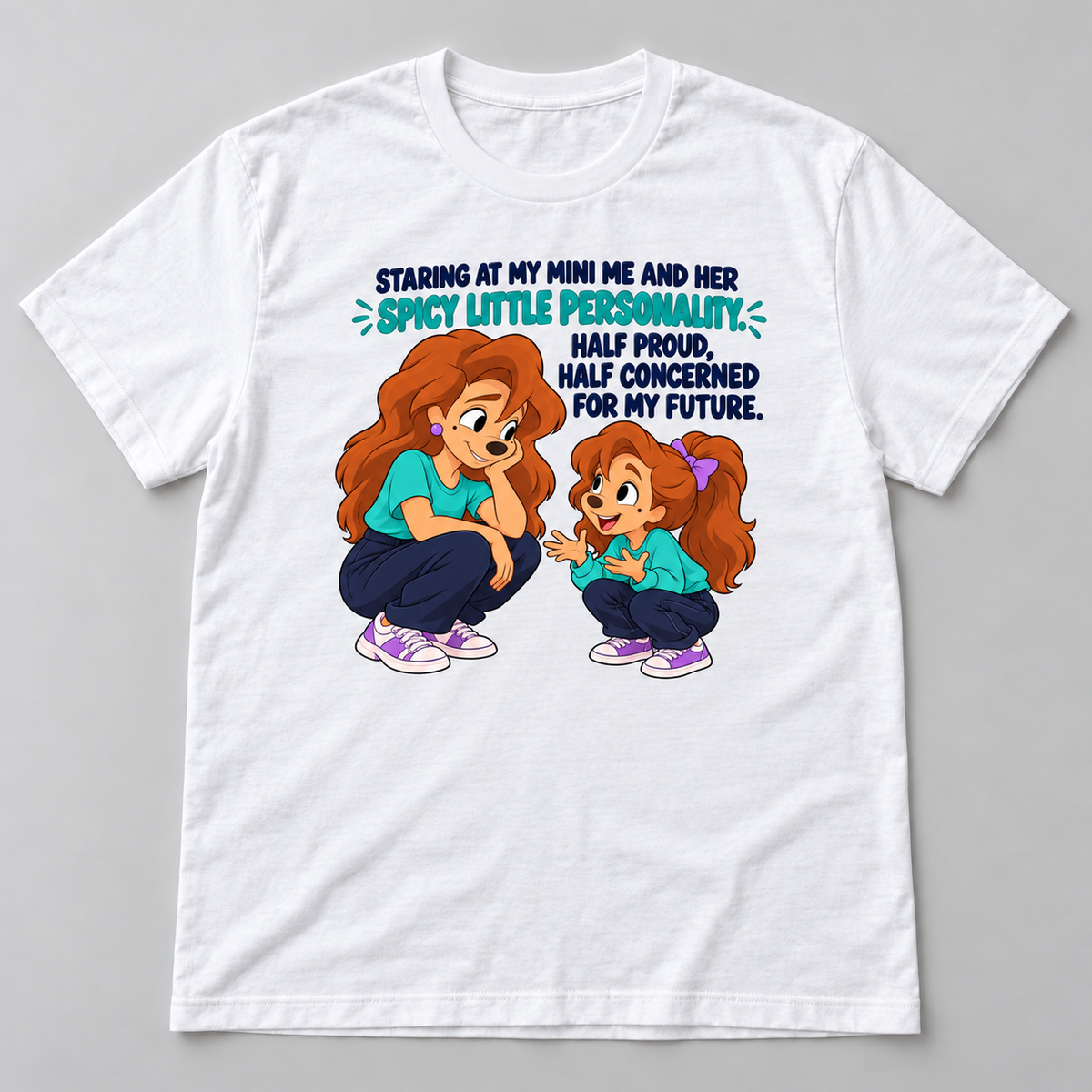 Black graphic T-shirt with cartoon mother and daughter and funny spicy little personality quote