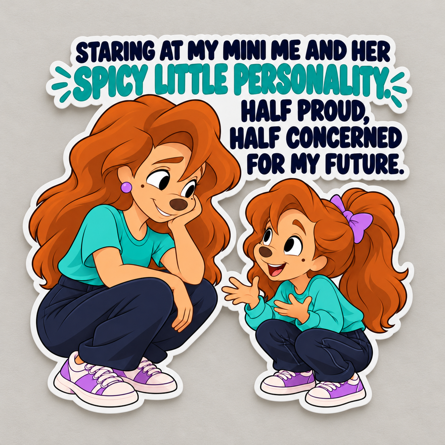 4 inch matte vinyl sticker showing a mother and her little mini me with spicy personality parenting quote