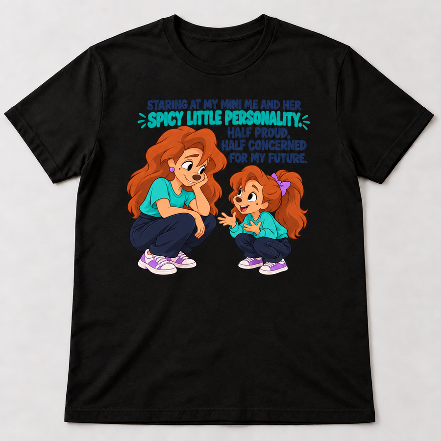 White graphic T-shirt with cartoon mother and daughter and funny spicy little personality quote