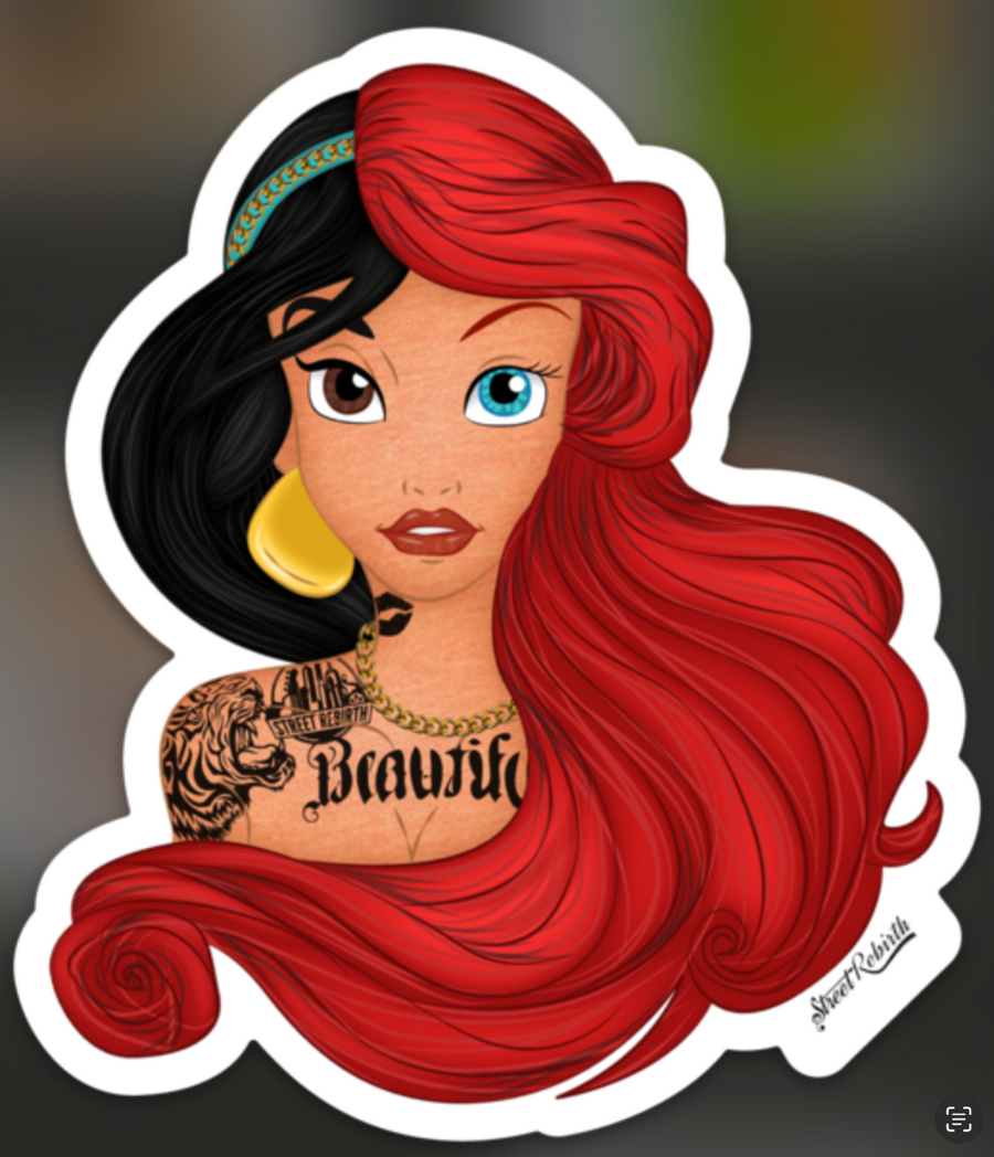 Glam portrait sticker with flowing red and black split hair and tattoo details