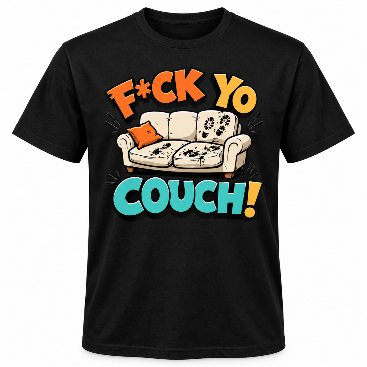 Black short sleeve graphic T-shirt with funny cream sofa and bold colorful comic typography