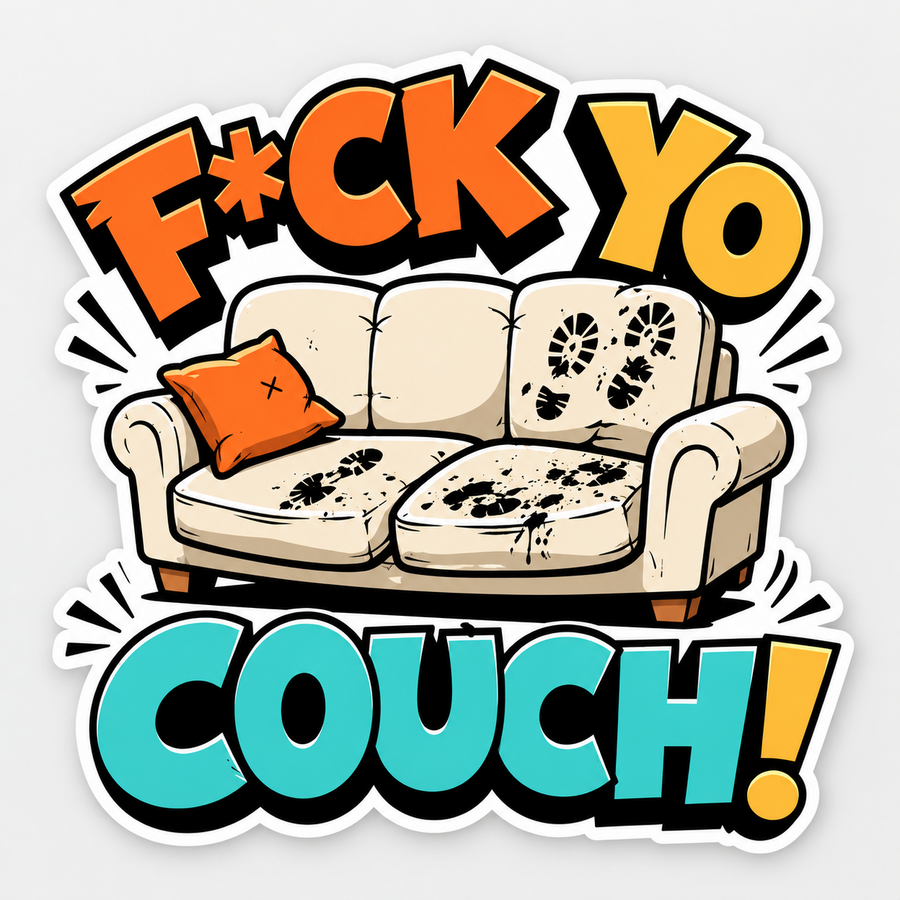 4 inch matte vinyl die-cut sticker with bold comic lettering and a cream couch covered in muddy boot prints