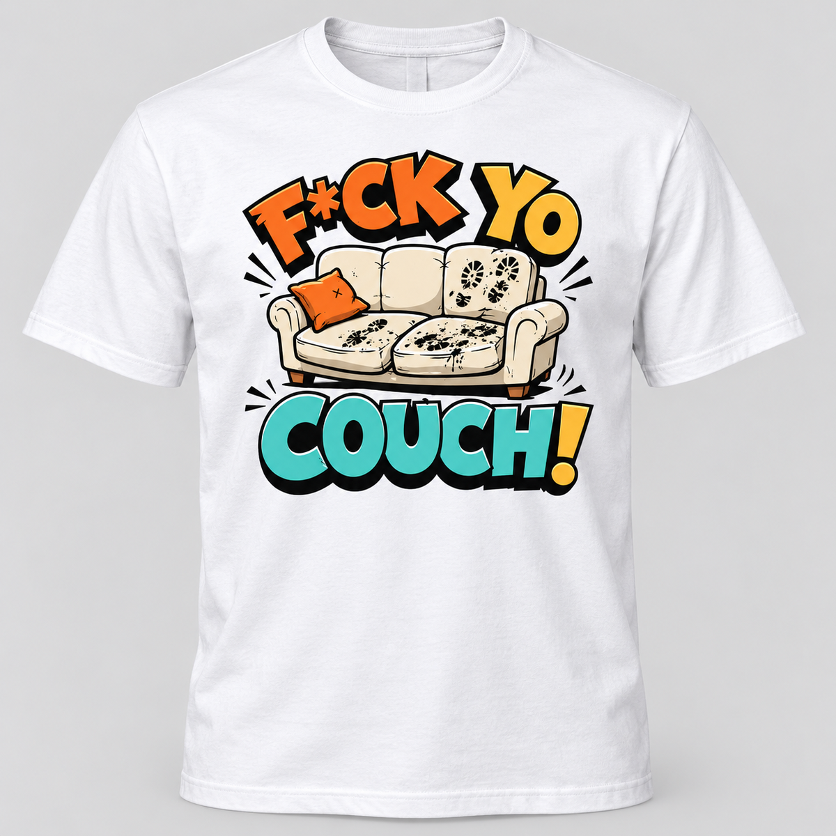 White short sleeve comedy couch quote graphic T-shirt with bright orange and turquoise print