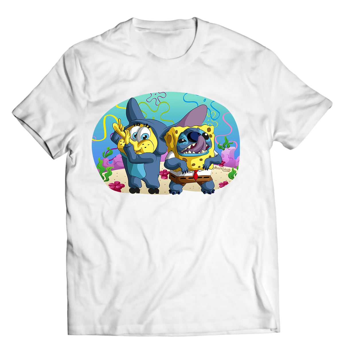 Stitch × SpongeBob Mashup Shirt | Funny Cartoon Crossover Tee | Pop Culture 2000s Nostalgia Graphic T-Shirt
