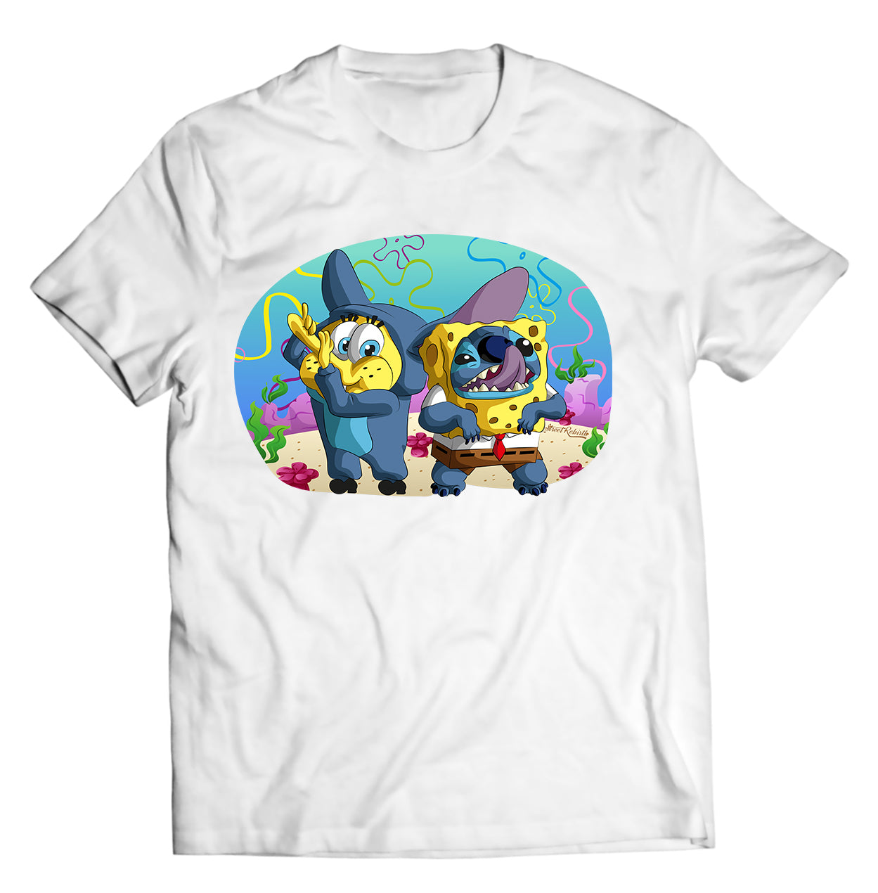 Stitch × SpongeBob Mashup Shirt | Funny Cartoon Crossover Tee | Pop Culture 2000s Nostalgia Graphic T-Shirt