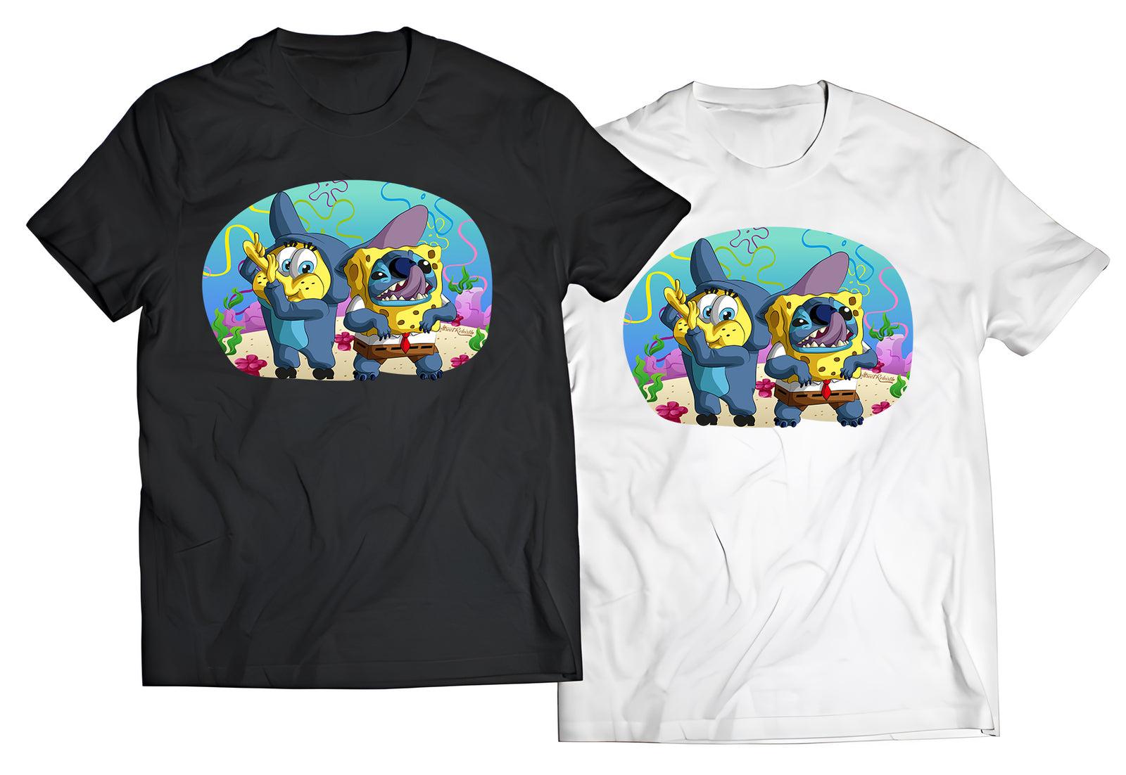 Stitch × SpongeBob Mashup Shirt | Funny Cartoon Crossover Tee | Pop Culture 2000s Nostalgia Graphic T-Shirt