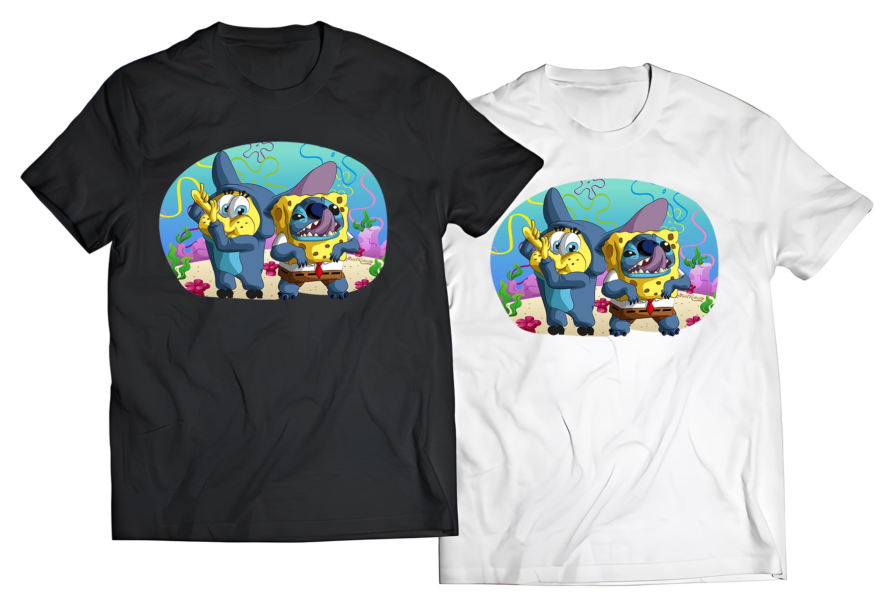 Stitch × SpongeBob Mashup Shirt | Funny Cartoon Crossover Tee | Pop Culture 2000s Nostalgia Graphic T-Shirt