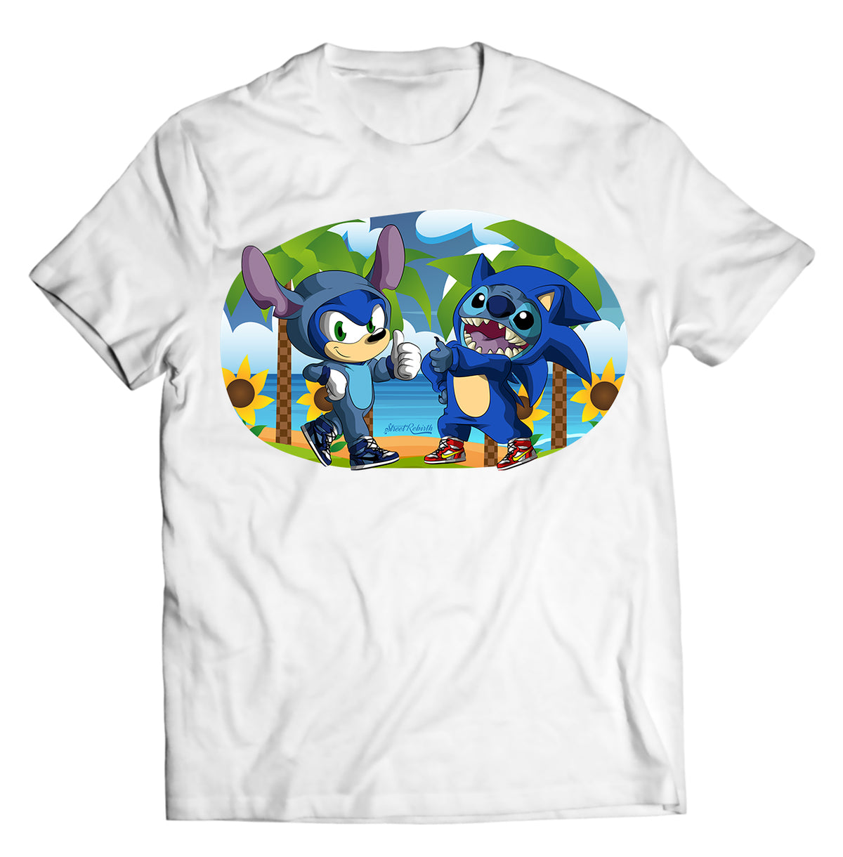 Stitch x Sonic Crossover T-Shirt – "Gotta Go Fluffy" Parody Tee – Retro 90s Gamer &amp; Disney Mashup – Unisex Graphic Tee