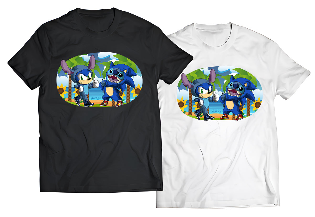 Stitch x Sonic Crossover T-Shirt – "Gotta Go Fluffy" Parody Tee – Retro 90s Gamer & Disney Mashup – Unisex Graphic Tee
