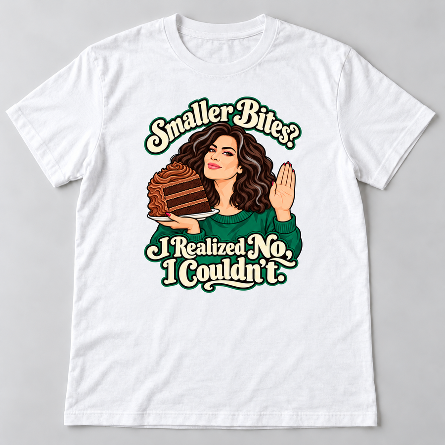 Smaller Bites funny cake illustration on white graphic tee