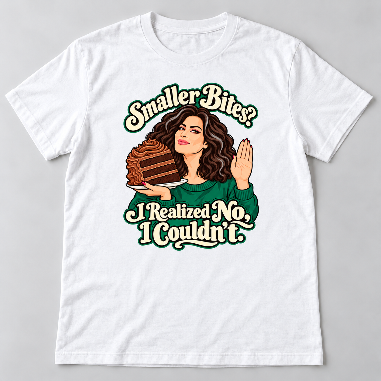 Smaller Bites funny cake illustration on white graphic tee