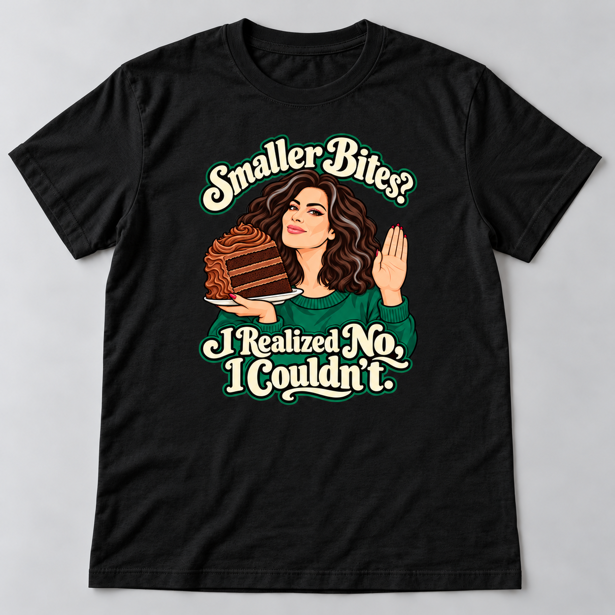 Smaller Bites funny cake illustration on black graphic tee