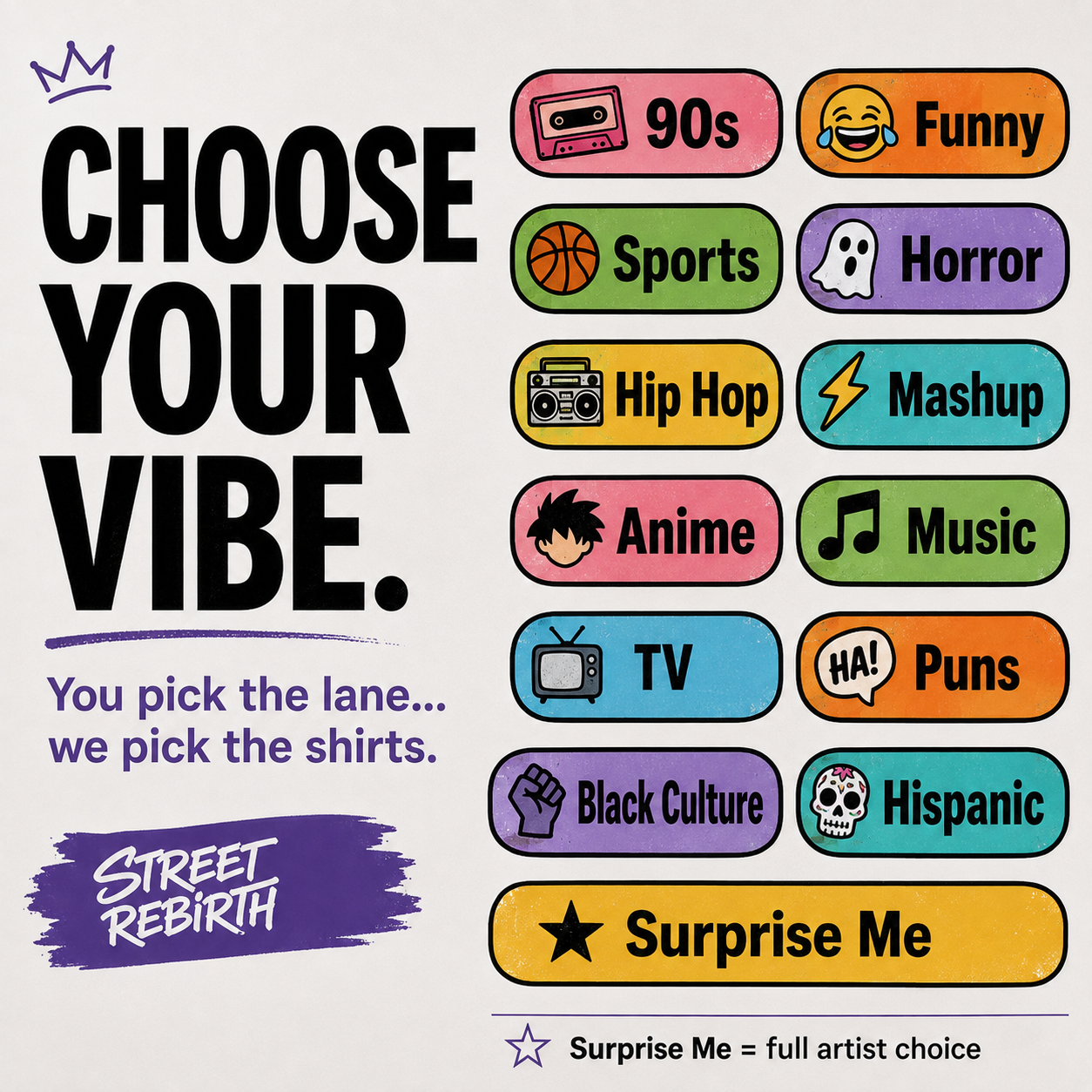 Thirteen Street Rebirth vibe categories including 90s, funny, sports, horror, hip hop and anime