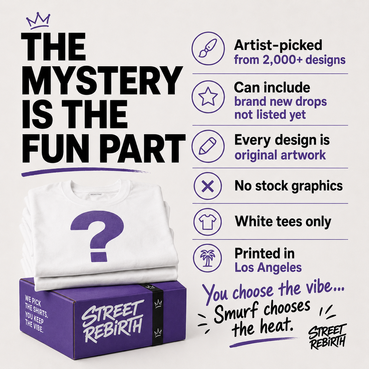Street Rebirth mystery shirt box with folded white tee and purple question mark