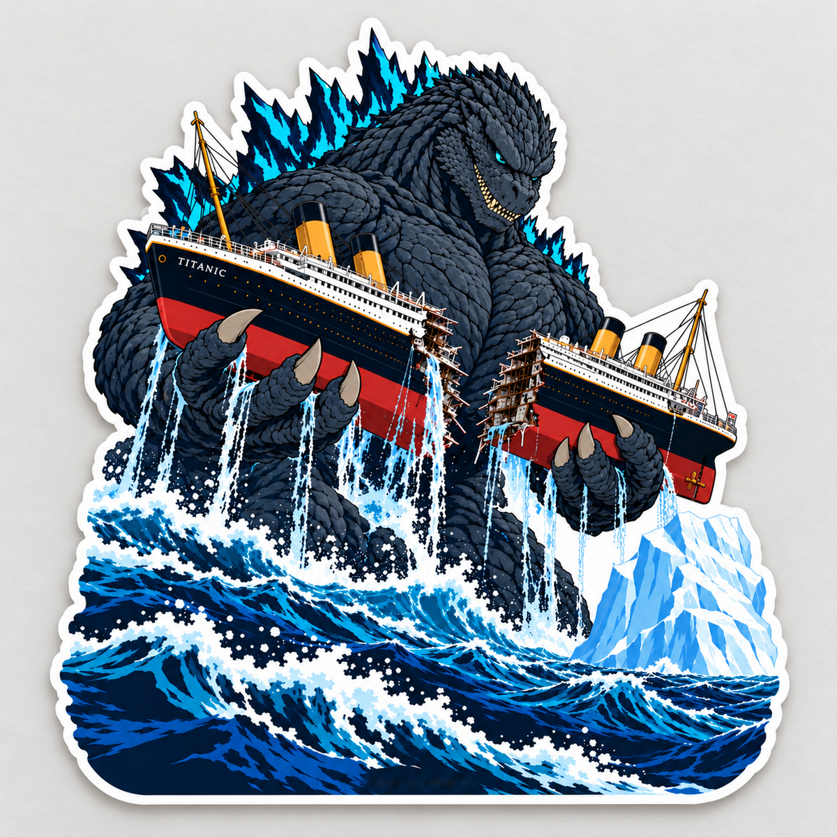Matte die-cut sticker featuring giant blue-spined ocean monster breaking a passenger ship above crashing waves and an iceberg