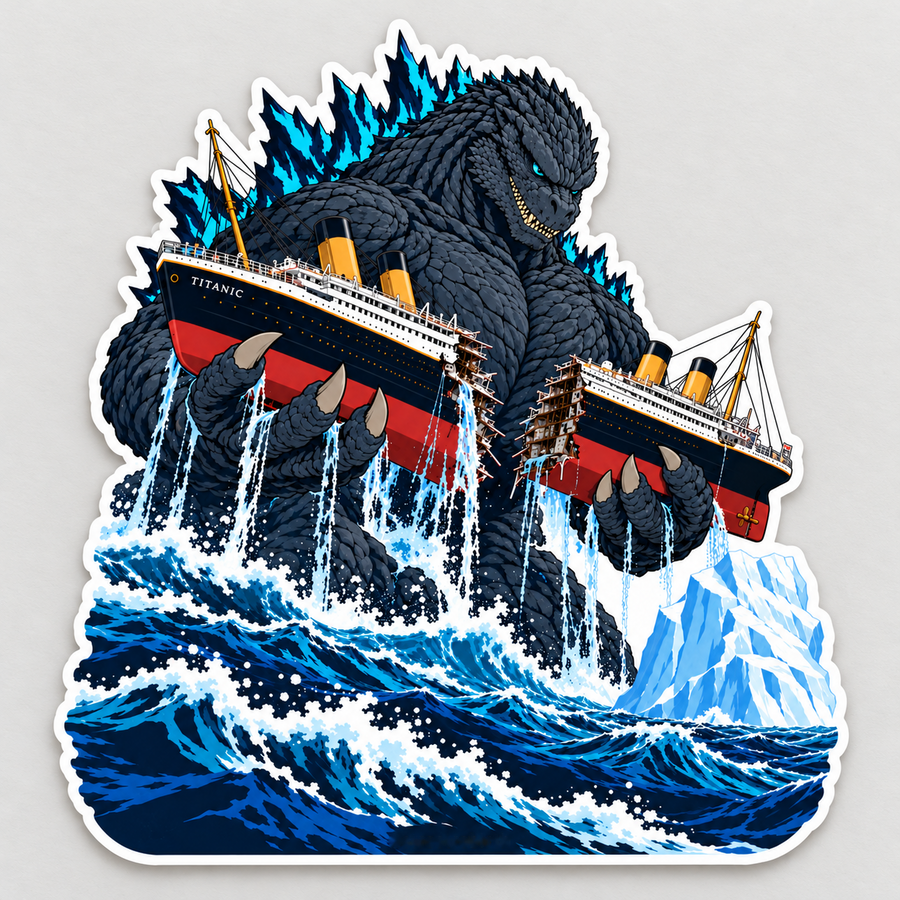 Matte die-cut sticker featuring giant blue-spined ocean monster breaking a passenger ship above crashing waves and an iceberg