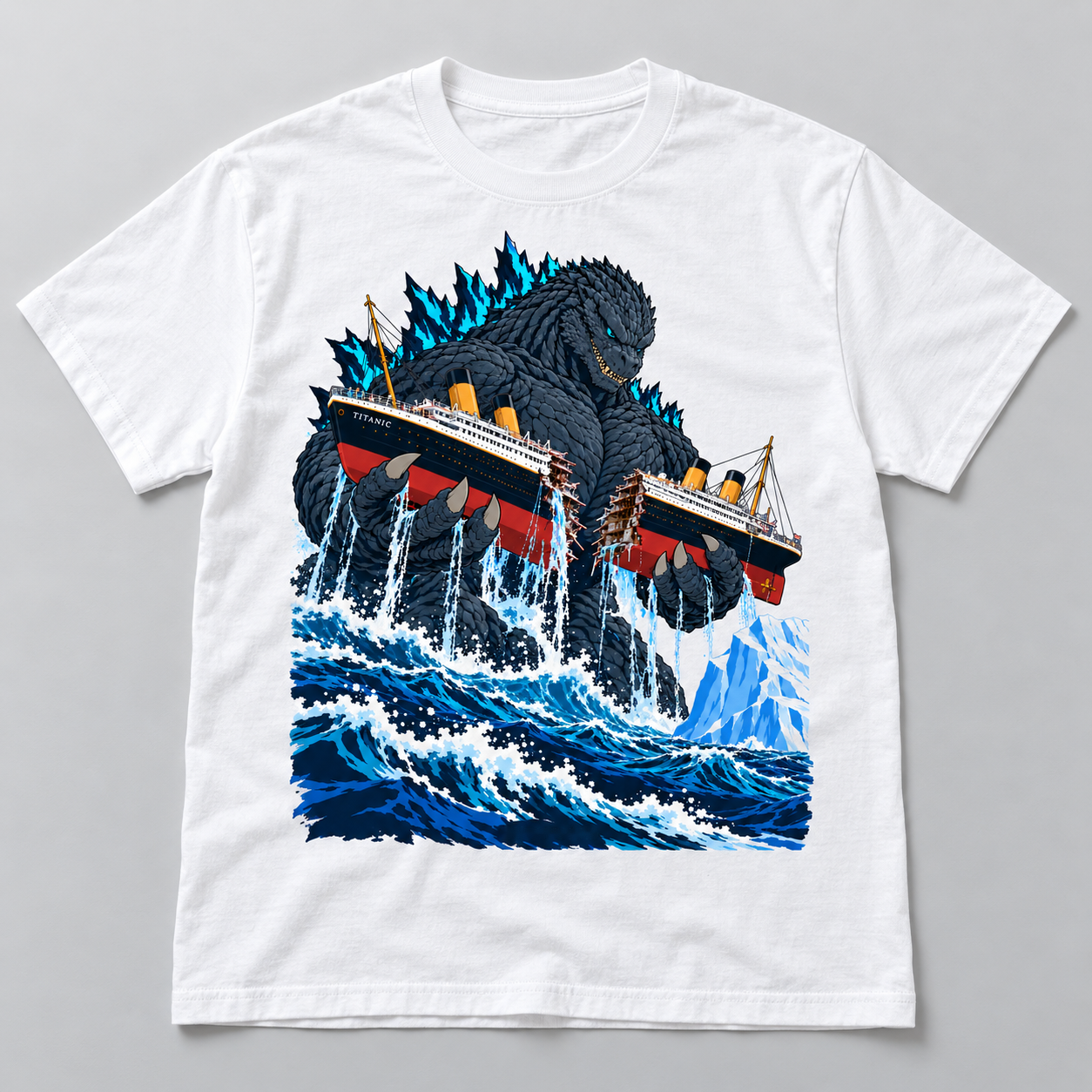White T-shirt with blue-spined giant ocean monster holding a split passenger liner above stormy waves and an iceberg