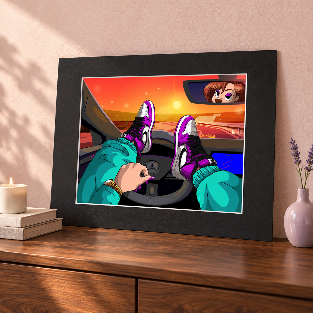 Close room mockup of sunset car interior cartoon print in black matte border frame