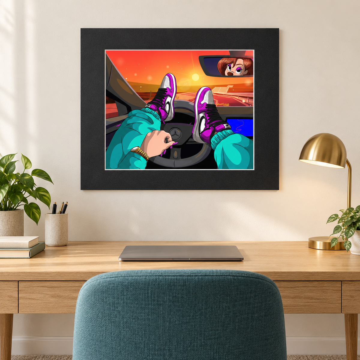 Sunset drive cartoon streetwear wall art above minimalist home office desk