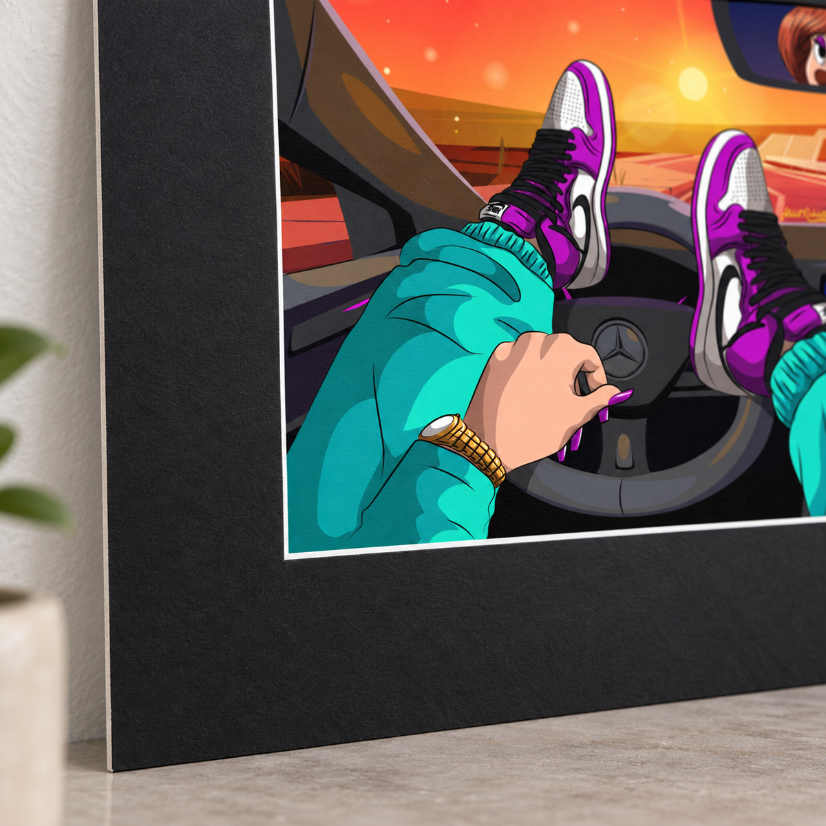 Close-up of black matte border and retro sunset cartoon streetwear art print