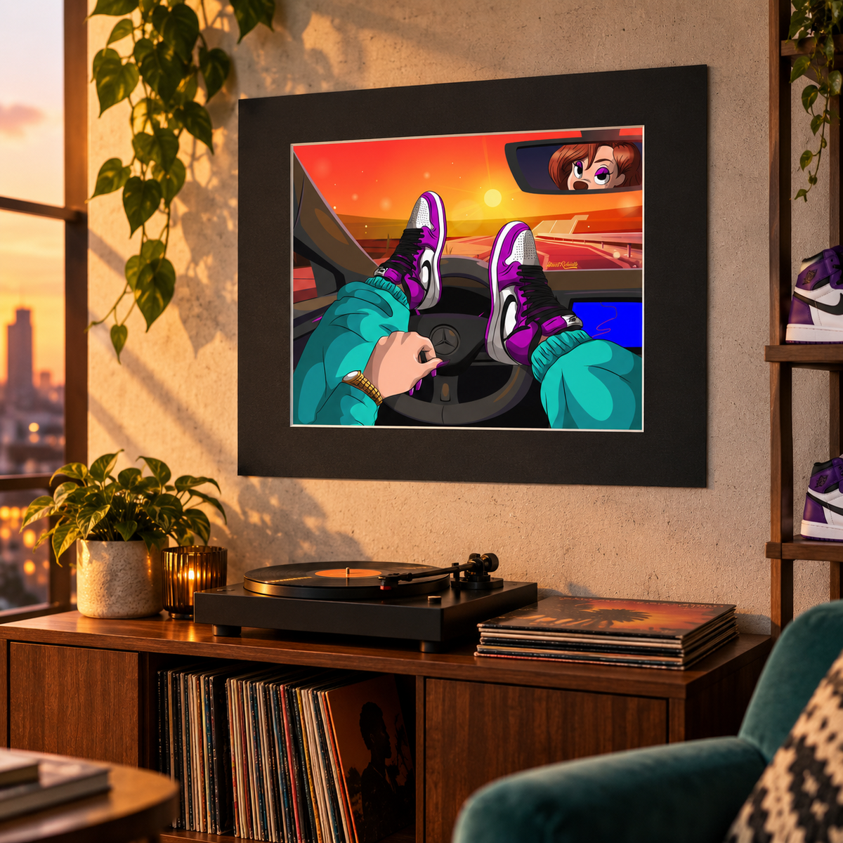 Streetwear cartoon sunset wall art displayed over record player in warm music room