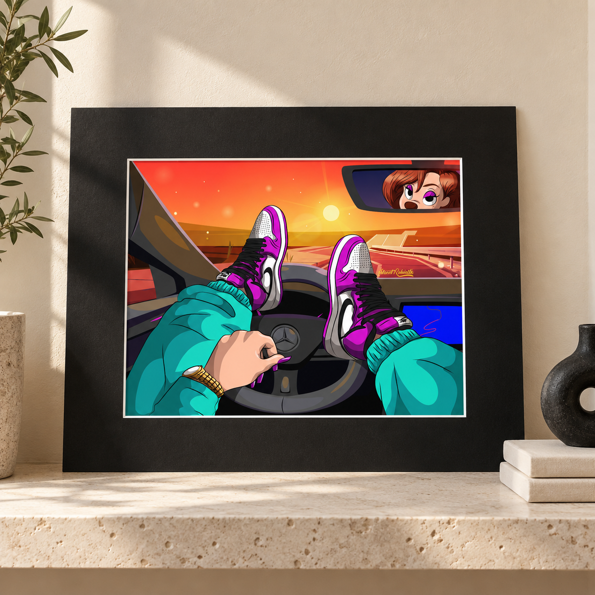 Sunset car interior cartoon art in black matte border frame on stone shelf