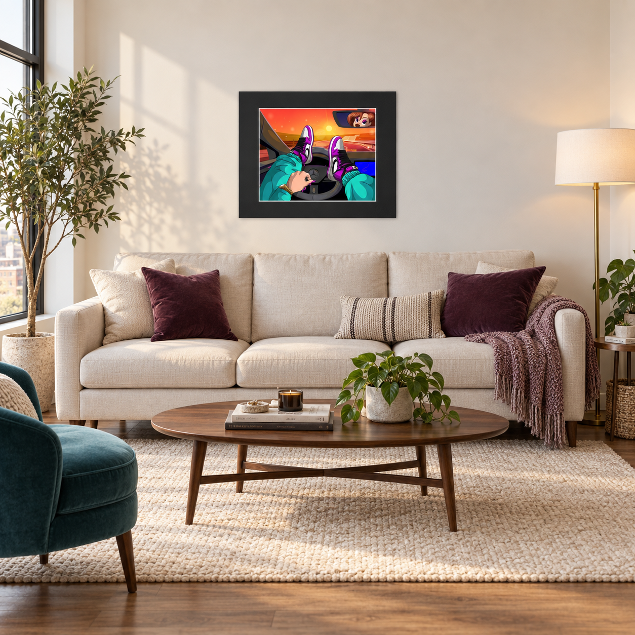 Wide living room view of sunset streetwear cartoon wall art above cream sofa