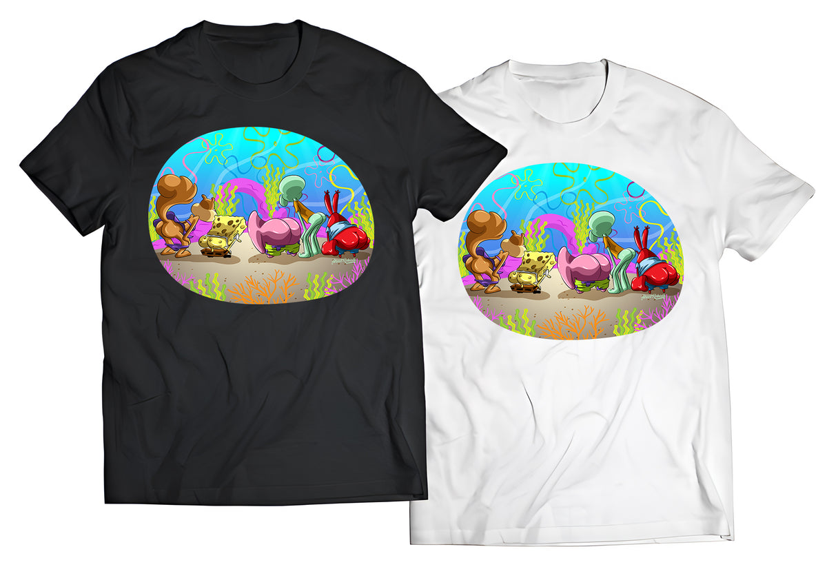 Bikini Bottom "Full Moon" Streetwear Tee | SpongeBob &amp; Crew Mooning Parody Graphic Shirt (Black / White)