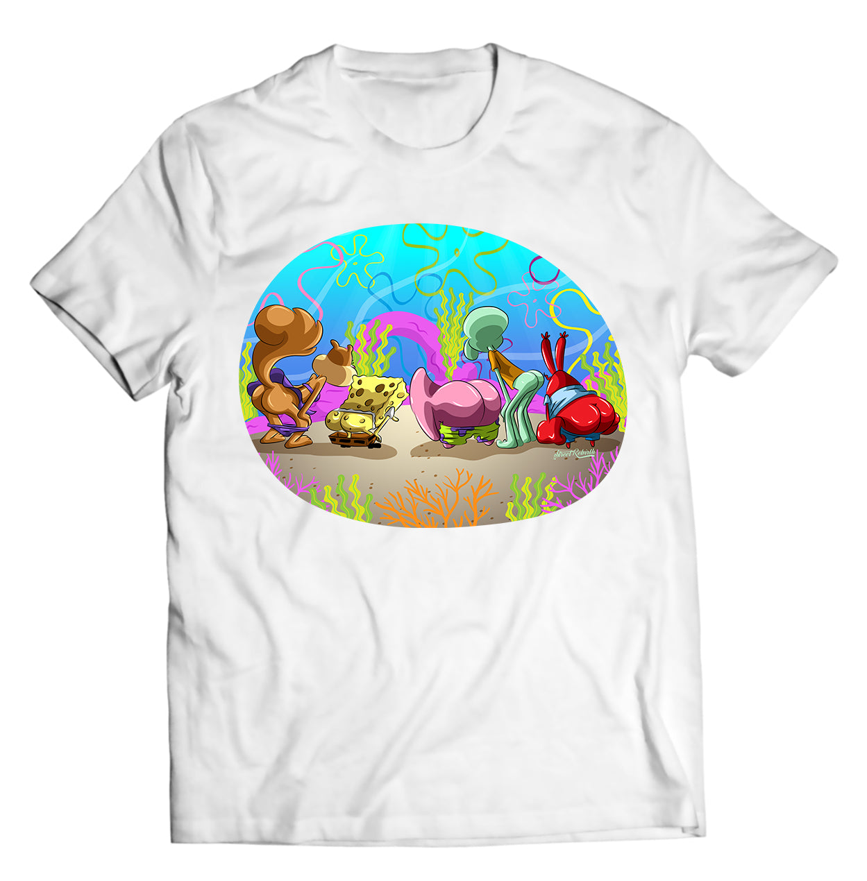 Bikini Bottom "Full Moon" Streetwear Tee | SpongeBob & Crew Mooning Parody Graphic Shirt (Black / White)