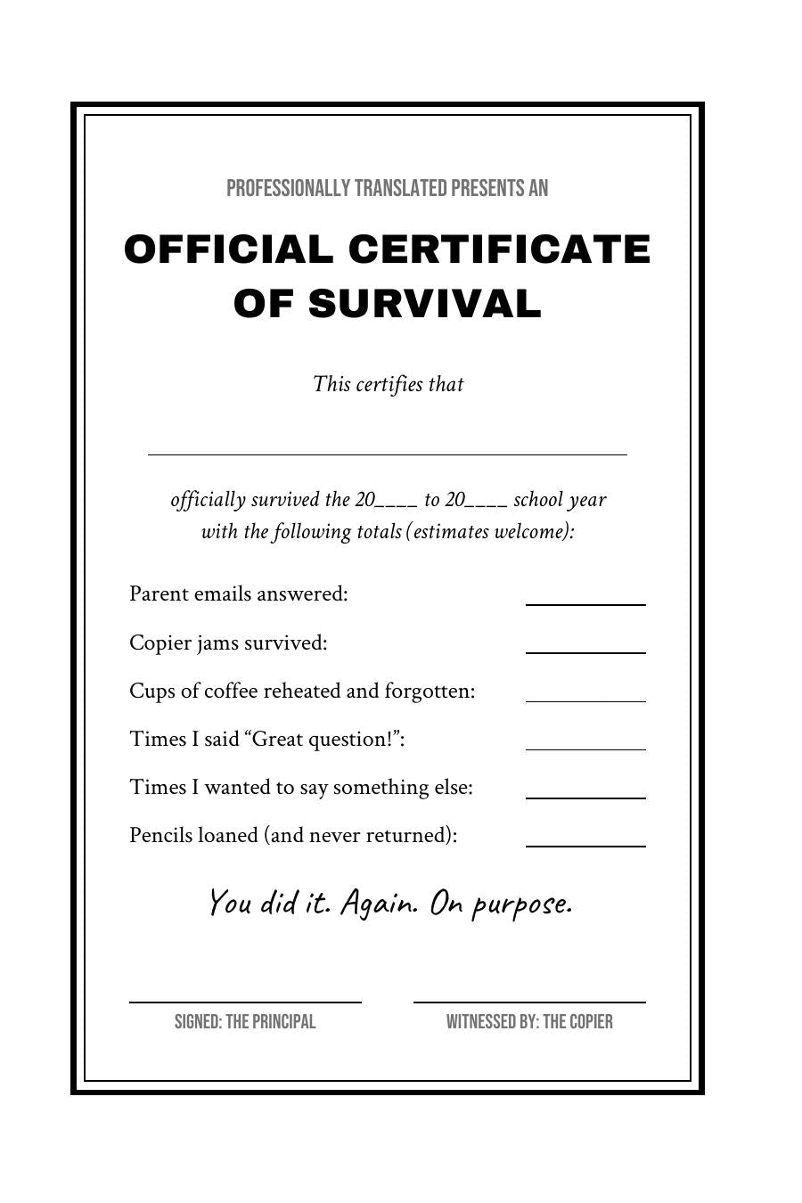 Official Certificate of Survival bonus page from the funny teacher appreciation gift book PDF