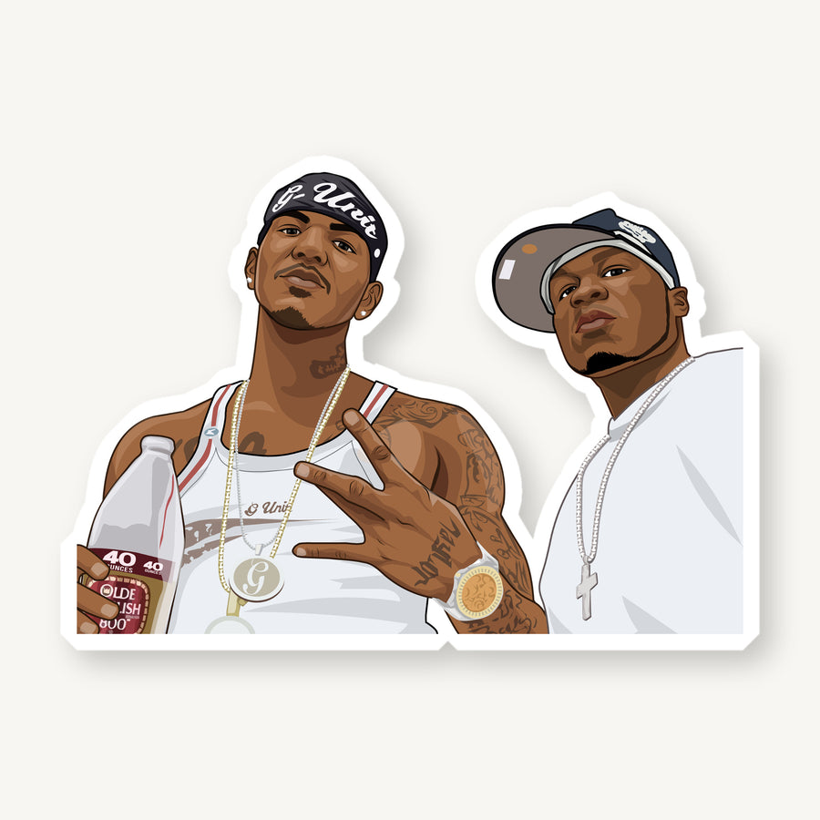 2000s Hip Hop Duo Portrait artwork on matte die-cut vinyl sticker with white border