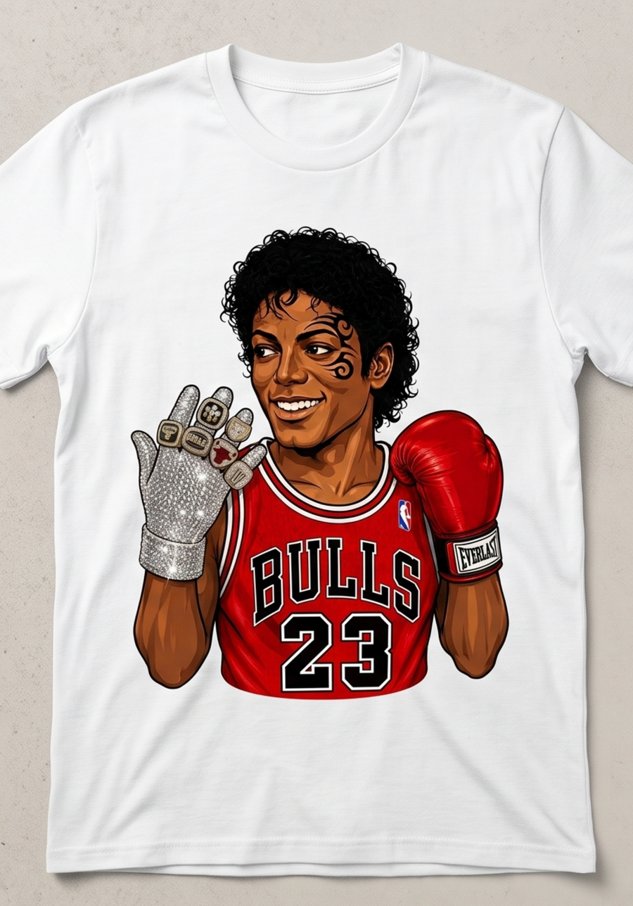 White graphic T-shirt with Triple Mike championship mashup rings and boxing glove artwork