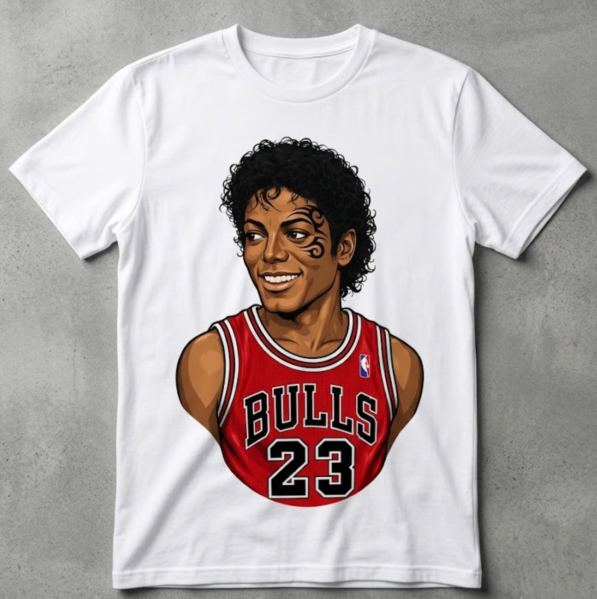 White graphic T-shirt with Triple Mike mashup music basketball and boxing tribute artwork