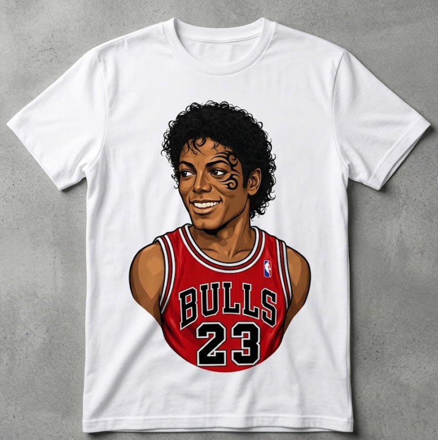 White graphic T-shirt with Triple Mike mashup music basketball and boxing tribute artwork