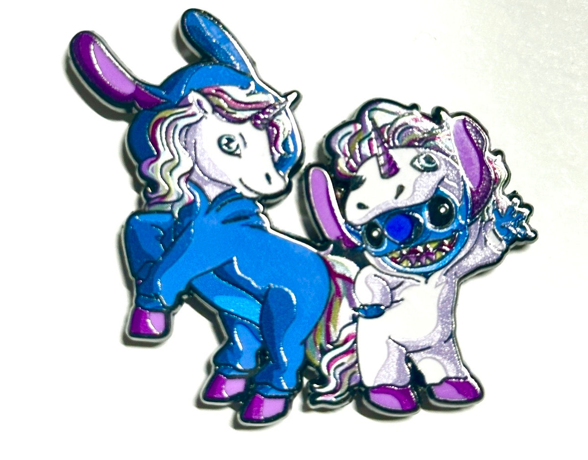 Blue alien in unicorn costume with magical pony enamel pin