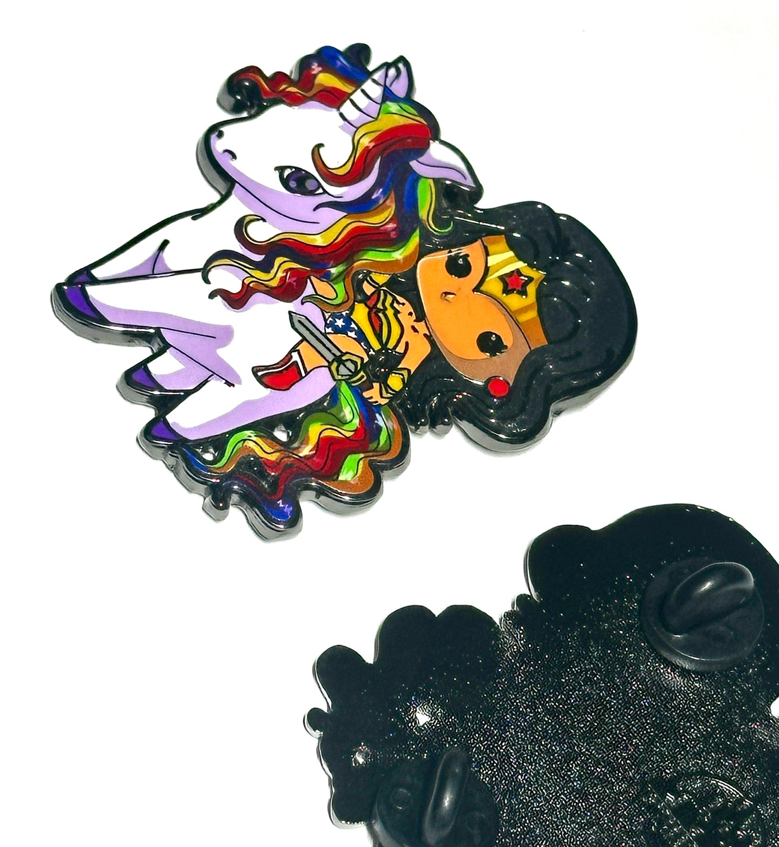 Unicorn warrior enamel pin front and back angled view