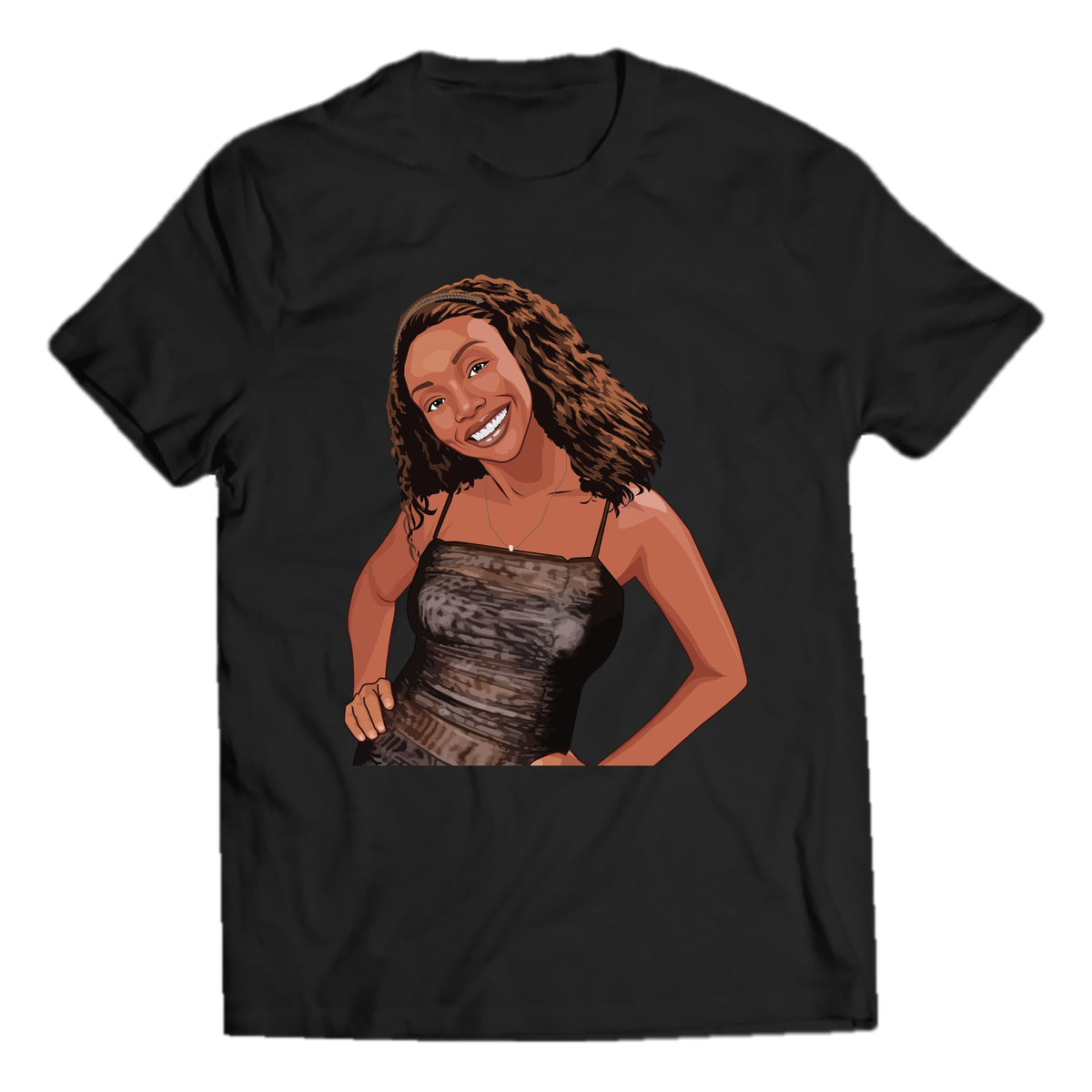 Smiling R&B vocalist illustration on black crewneck graphic T-shirt with clean outer edges